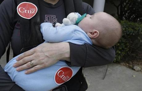 Two-month-old Steven Burke wore a sticker supporting Ted Cruz.
