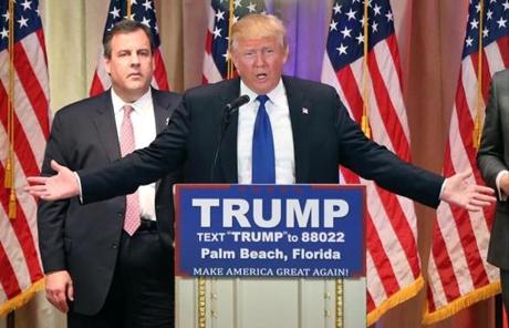 Donald Trump spoke at the White and Gold Ballroom at The Mar-A-Lago Club in Palm Beach, Fla., with New Jersey Gov. Chris Christie behind him. 
