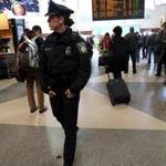 A Transit Police officer passed through South Station.