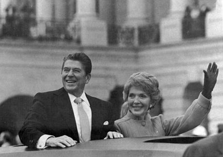 First Lady Nancy Reagan waved after the inauguration of her husband, President Ronald Reagan, in Washington on Jan. 20, 1981.
