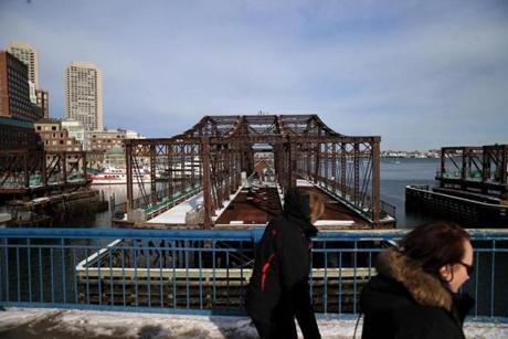 The Northern Avenue Bridge over Fort Point Channel has been closed to pedestrians since 2014, and the Coast Guard warned last fall that it could collapse. 
