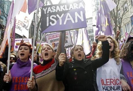 Participants carry banners and shout slogans during a rally in Istanbul, Turkey, on the occasion of International Women?s Day. 
