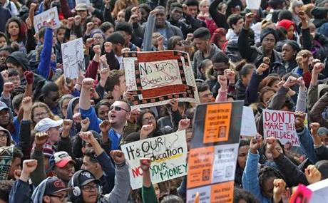 On Monday thousands of Boston public school students walked out of their classes and marched to the State House to protest the School Department?s proposed budget cuts. 
