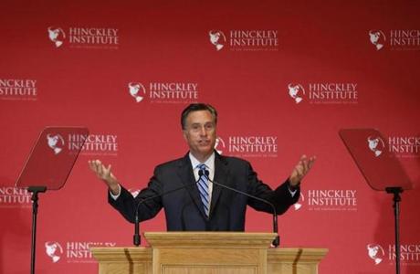 Mitt Romney gave a speech on the state of the Republican party at the Hinckley Institute of Politics on the campus of the University of Utah earlier this month.
