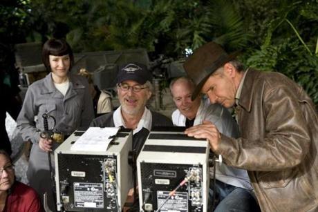 Steven Spielberg (second from left) and Harrison Ford (far right) on the set of the 2008 film ?Indiana Jones and the Kingdom of the Crystal Skull.?

