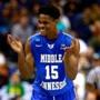 ST LOUIS, MO - MARCH 18: Aldonis Foote #15 of the Middle Tennessee Blue Raiders reacts after a play in the second half against the Michigan State Spartans during the first round of the 2016 NCAA Men's Basketball Tournament at Scottrade Center on March 18, 2016 in St Louis, Missouri. (Photo by Jamie Squire/Getty Images)