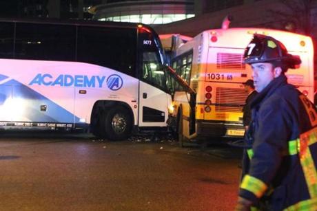 Two buses collided in front of the Copley Marriott Hotel on Huntington Avenue, near Copley Square.
