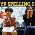 Khugan Chan (left) and Emily Sun between rounds at the Boston spelling bee.