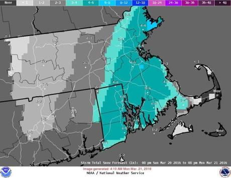 Expected snowfall in Massachusetts as of early Monday morning.
