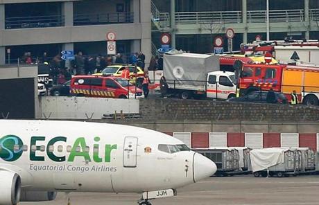 First responders arrived at the scene of the airport explosions.
