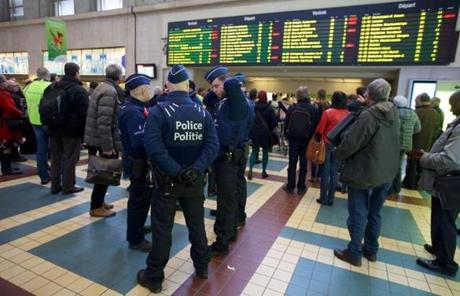 Belgian police and soldiers patrolled the North train station on Wednesday.
