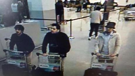 The three men who are suspected of taking part in the attacks at Belgium's Zaventem Airport. The man at right is still being sought by the police.
