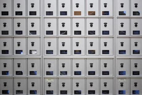 Mailboxes at Bates College in Lewiston, Maine.
