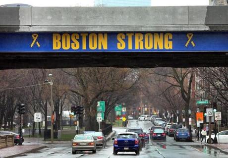 A celebration was held to unveil new Boston Strong logos painted on the Bowker Overpass which spans Commonwealth Avenue and Charlesgate West.
