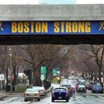 A celebration was held to unveil new Boston Strong logos painted on the Bowker Overpass which spans Commonwealth Avenue and Charlesgate West.
