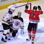 Artem Anisimov (15) celebrates his goal against the Bruins during the first period.