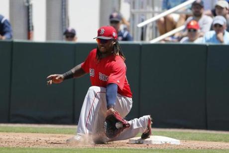 Boston Red Sox first baseman Hanley Ramirez digs a throw out of the dirt for an out against Minnesota Twins' Byron Buxton during a spring training baseball game, Thursday, March 31, 2016, in Fort Myers, Fla. (AP Photo/Tony Gutierrez)
