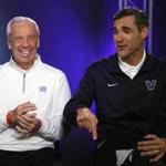North Carolina head coach Roy Williams and Villanova head coach Jay Wright laugh during a CBS Sports Network interview for the NCAA Final Four tournament college basketball championship game Sunday, April 3, 2016, in Houston. Villanova and North Carolina will play in the championship game on Monday. (AP Photo/David J. Phillip) 