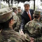 Secretary of State John Kerry met US military personnel at Resolute Support Headquarters in Kabul on Saturday. 