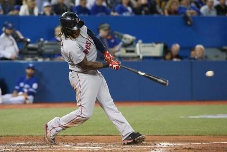 TORONTO, CANADA - APRIL 10: Hanley Ramirez #13 of the Boston Red Sox hits a single in the fourth inning during MLB game action against the Toronto Blue Jays on April 10, 2016 at Rogers Centre in Toronto, Ontario, Canada. (Photo by Tom Szczerbowski/Getty Images)
