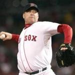 Curt Schilling pitches in game six of the ALCS in 2007. 