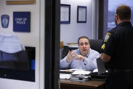 Gloucester Police Chief Leonard Campanello spoke to an officer in his office. Campanello is set to be honored at the White House next week as an ?Champion of Change.? 
