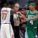 Celtics guard Isaiah Thomas continued scuffling with Hawks guard Dennis Schroder before leaving in the second half with a sprained ankle.