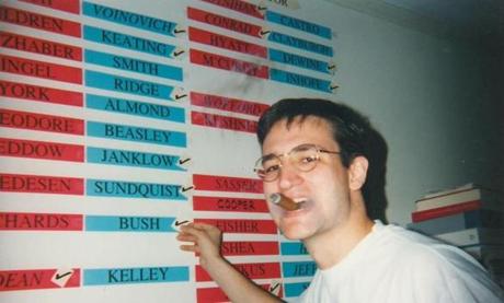 Cutline from Matt Viser -- Ted Cruz, at an election night party at Harvard Law School's Hastings Hall in Nov 1994, celebrating Republicans winning in elections across the country. Here, he marks off that George W. Bush defeated incumbent Democrat Ann Richards in the Texas governor's race. ( Image provided to Globe by Ted Cruz)
