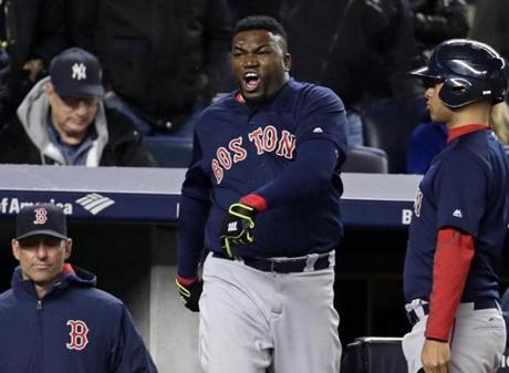 May 6, 2016; Bronx, NY, USA; Boston Red Sox designated hitter David Ortiz (34) reacts after being ejected against the New York Yankees during the ninth inning at Yankee Stadium. The Yankees won 3-2. Mandatory Credit: Adam Hunger-USA TODAY Sports
