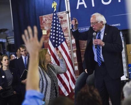 Democratic presidential candidate, Sen. Bernie Sanders., I-Vt., wife Jane Sanders interrupts her husband to let him know he has gone over time and is late for his next speaking engagement in South Charleston, W.Va. during a campaign event in Kimball, W.Va. on Thursday May 5, 2016. (Christian Randolph/Charleston Gazette-Mailvia AP)
