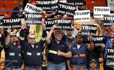 A group of coal miners at a  Donald Trump rally in Charleston, W.Va., on Thursday.

