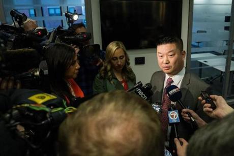  Boston, MA - 5/9/2016 - Boston Public School's Superintendent Tommy Chang speaks to reporters after a meeting on school water safety in Boston, MA, May 9, 2016. (Keith Bedford/Globe Staff) 
