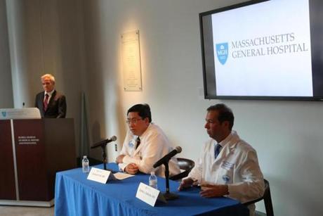  Boston Ma 5/16/16 MGH is hosting a news conference to discuss this surgical milestone and the promise this technique holds for helping patients with devastating genitourinary injuries and disease. L-R. Jay Austen, MD ? chief, MGH Division of Plastic and Reconstructive Surgery Dicken Ko, MD - director, MGH Regional Urology Program and Curtis Cetrulo, MD ? MGH Division of Plastic and Reconstructive Surgery Globe photo David Ryan
