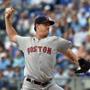 May 18, 2016; Kansas City, MO, USA; Boston Red Sox pitcher Steven Wright (35) delivers a pitch against the Kansas City Royals during the first inning at Kauffman Stadium. Mandatory Credit: Peter G. Aiken-USA TODAY Sports