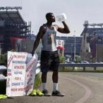 Foxborough. Ma- May 25, 2016-Globe Staff Photo by Stan Grossfeld-Abiola Aborishade of Attleboro a former Division III star receiver at UMASS Dartmouth has been standing outside Gillette Stadium almost every day since April 21st. looking for a tryout from the Patriots. 