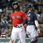 Boston Red Sox's Hanley Ramirez walks back to the dug out after striking out during the ninth inning of a baseball game against the Cleveland Indians in Boston, Friday, May 20, 2016. The Indians won 4-2. (AP Photo/Michael Dwyer)