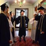 North Easton 06/03/2016 : Before the start of the Commencement Ceremony at the Queset House at the Ames Free Library in North Easton, homeschool students (l-r) Jackson O'Brien from Kingston, Bridget Austin-Weiss from Brockton, Brett Chadwick from Easton, Justin Conner from Kingston, Olivia Lofstrom from Halifax and Yousuf Sander from Easton wait in the hallway for the ceremony to begin. Photo by Debee Tlumacki for the Boston Globe (metro) 