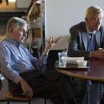 Former governors Michael Dukakis (left) and Bill Weld have been pushing the current governor to advance the rail-link plan.