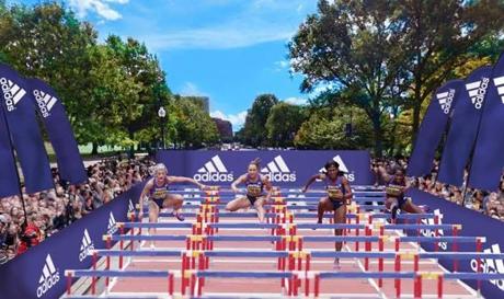 A rendering of the temporary track to be used on Charles Street  for the Adidas Boston Boost Games.
