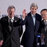 Mayor Martin Walsh (left) stood with US Ambassador to China Max Baucus, Secretary of State John Kerry, and Chinese State Councilor Yang Jiechi at a climate summit in Beijing. 