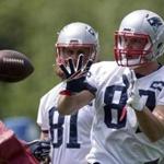 New England Patriots tight end Rob Gronkowski (87) catches a pass during an NFL football practice Monday, June 13, 2016, in Foxborough, Mass. (AP Photo/Michael Dwyer)