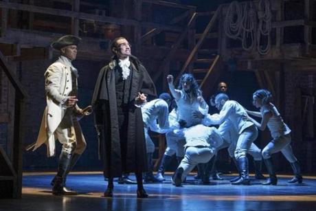 FILE -- Christopher Jackson, left, as George Washington and Javier Munoz in the title role of the Broadway musical 