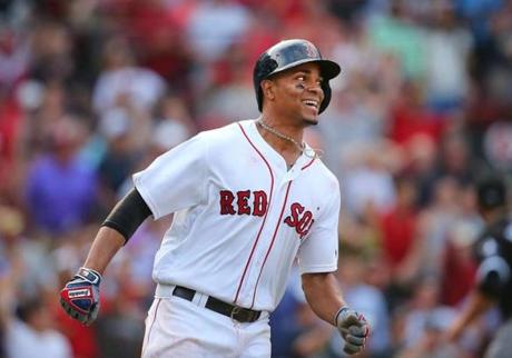 Boston- 6/23/2016 Boston Red Sox vs Chicago White Sox. Xander Bogaerts smiles as he runs to 1st base after hitting a game-winning single in the 10th inning. Red Sox Boston Globe staff photo by John Tlumacki(sports)
