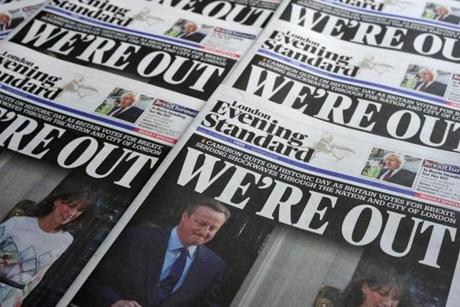 An arrangement of newspapers pictured in London on June 24, 2016, as an illustration, shows the front page of the London Evening Standard newpaper reporting the resignation of British Prime Minister David Cameron following the result of the UK's vote to leave the EU in the June 23 referendum. Cameron is pictured holding hands with his wife Samantha as they come out from 10 Downing Street. Britain voted to break away from the European Union on June 24, toppling Prime Minister David Cameron and dealing a thunderous blow to the 60-year-old bloc that sent world markets plunging. / AFP PHOTO / Daniel SORABJIDANIEL SORABJI/AFP/Getty Images
