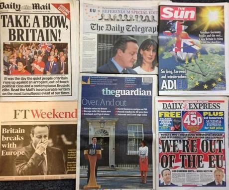 A collection of British newspaper covers in the wake of the Brexit vote.

