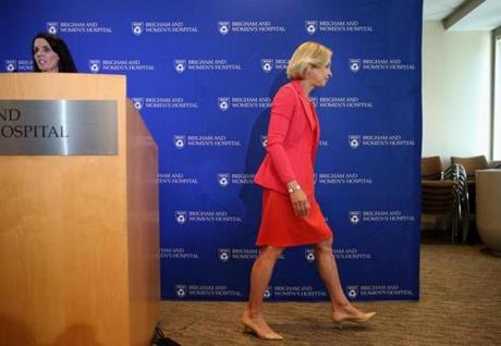Brigham and Women?s Healthcare President Elizabeth Nabel left a news conference on Friday.
