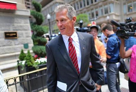 Former US Senator Scott Brown left the Langham Hotel in Post Office Square following a Donald Trump campaign event. 
