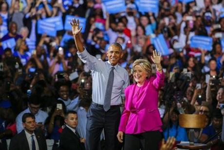 President Barack Obama with Hillary Clinton during a campaign event in Charlotte, N.C.
