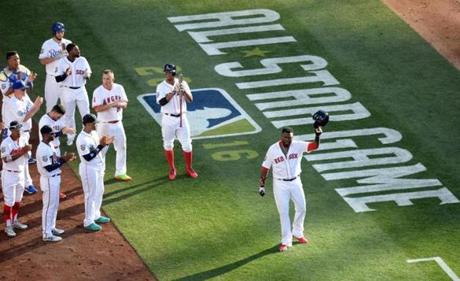 An appreciative David Ortiz was saluted by the AL All-Stars, including Red Sox teammates Xander Bogaerts and Jackie Bradley Jr., when he departed in the third inning. 
