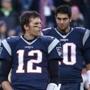 AFC DIVISIONAL PLAYOFF GAME BETWEEN THE NEW ENGLAND PATRIOTS AND KANSAS CITY CHIEFS Patriots quarterbacks Tom Brady and Jimmy Garoppolo on the field before the game Saturday, Jan. 16, 2016 at Gillette Stadium in Foxborough, MA. (Matthew J. Lee/Globe Staff)